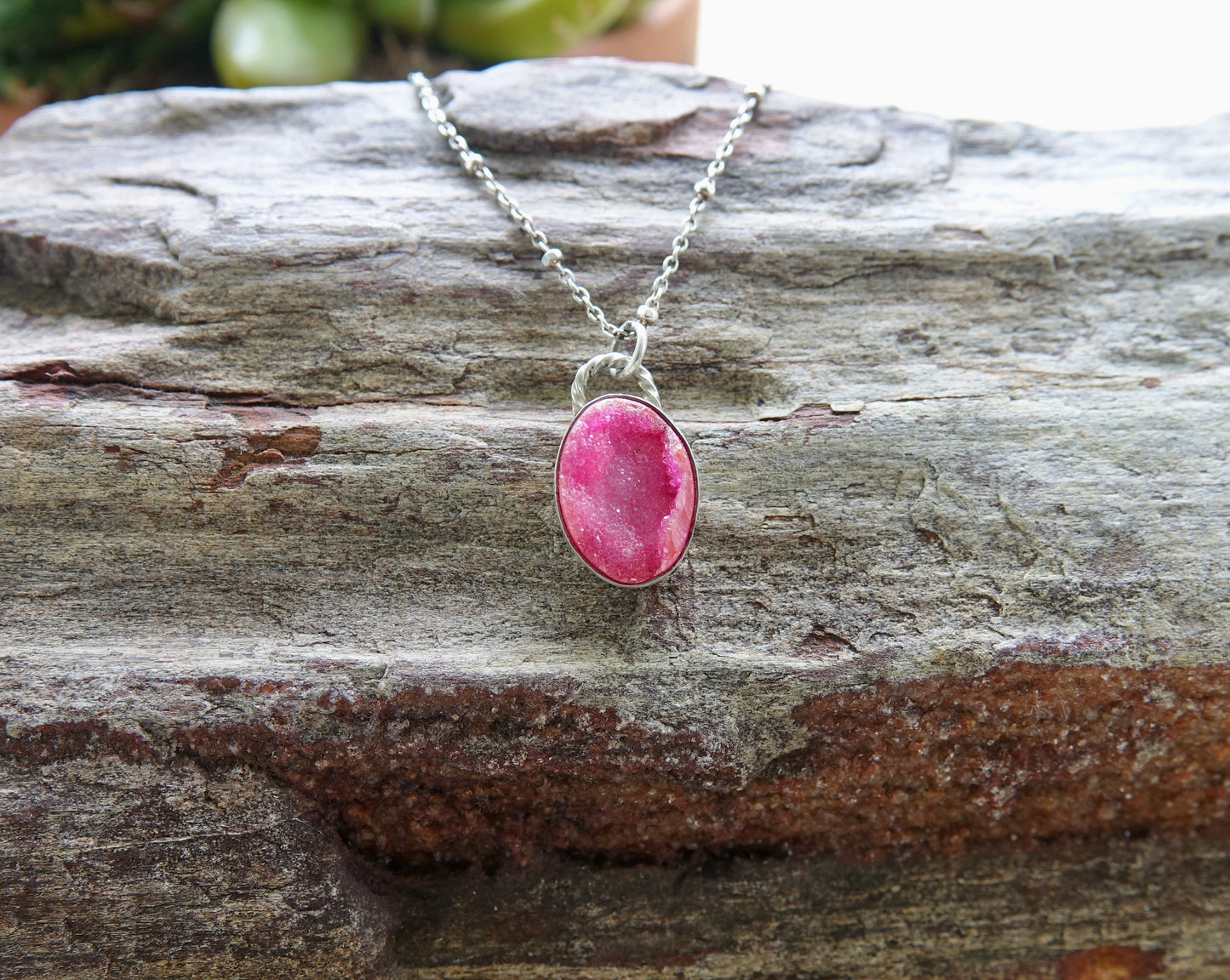 Dark Pink Druzy Necklace - Oval