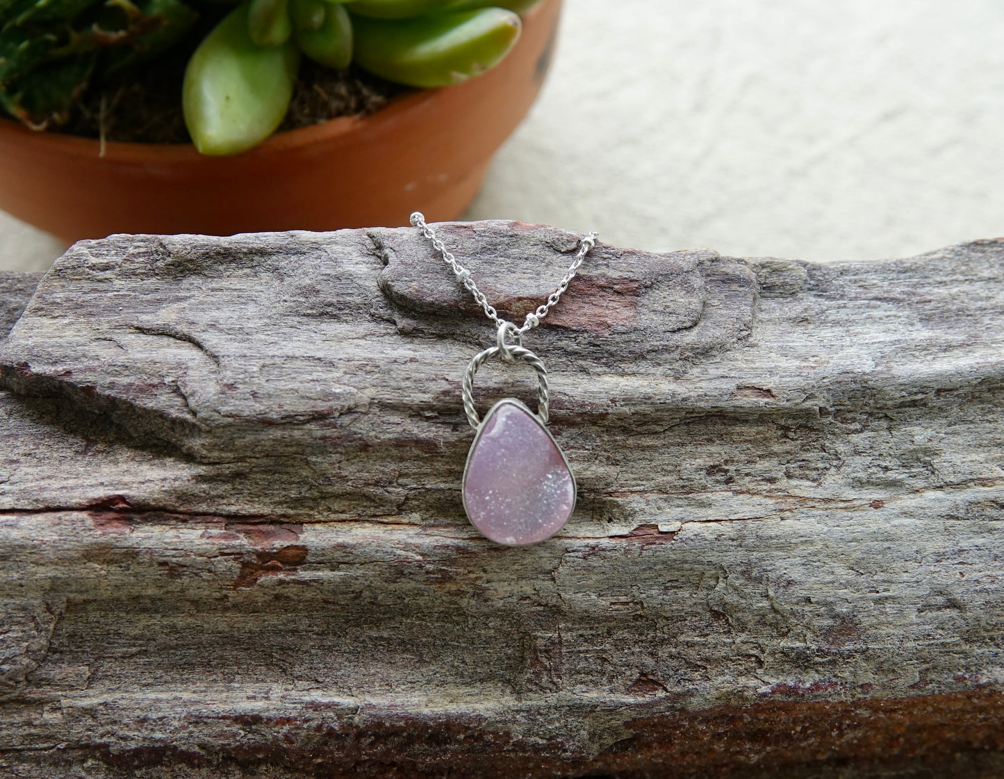 Light Pink Druzy Necklace - Teardrop