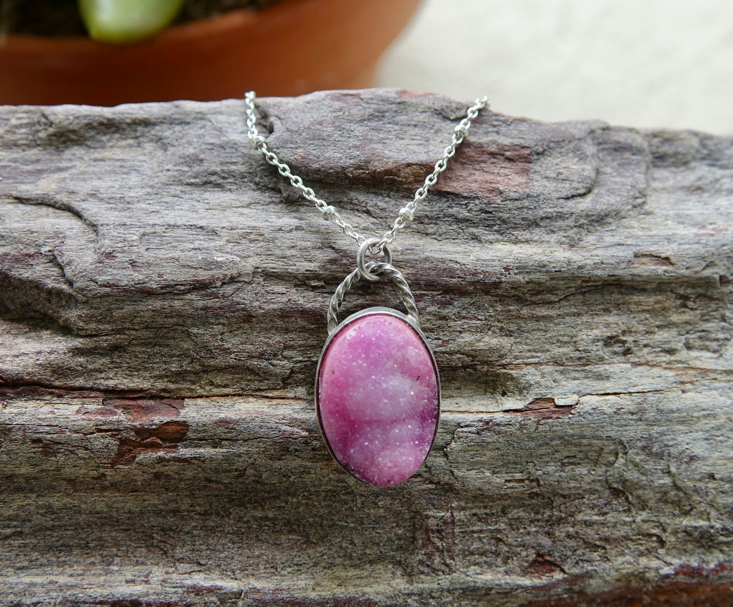 Large Dark Pink Druzy Necklace - Oval