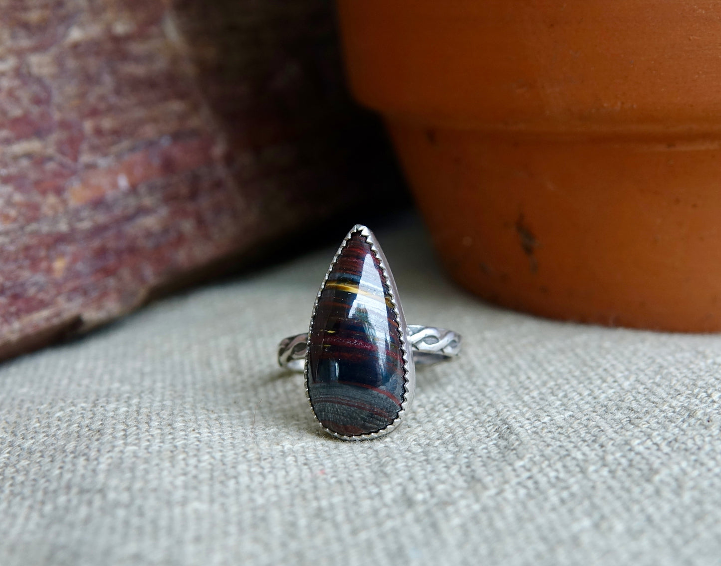 Red Tiger Iron Ring - Teardrop - Size 9