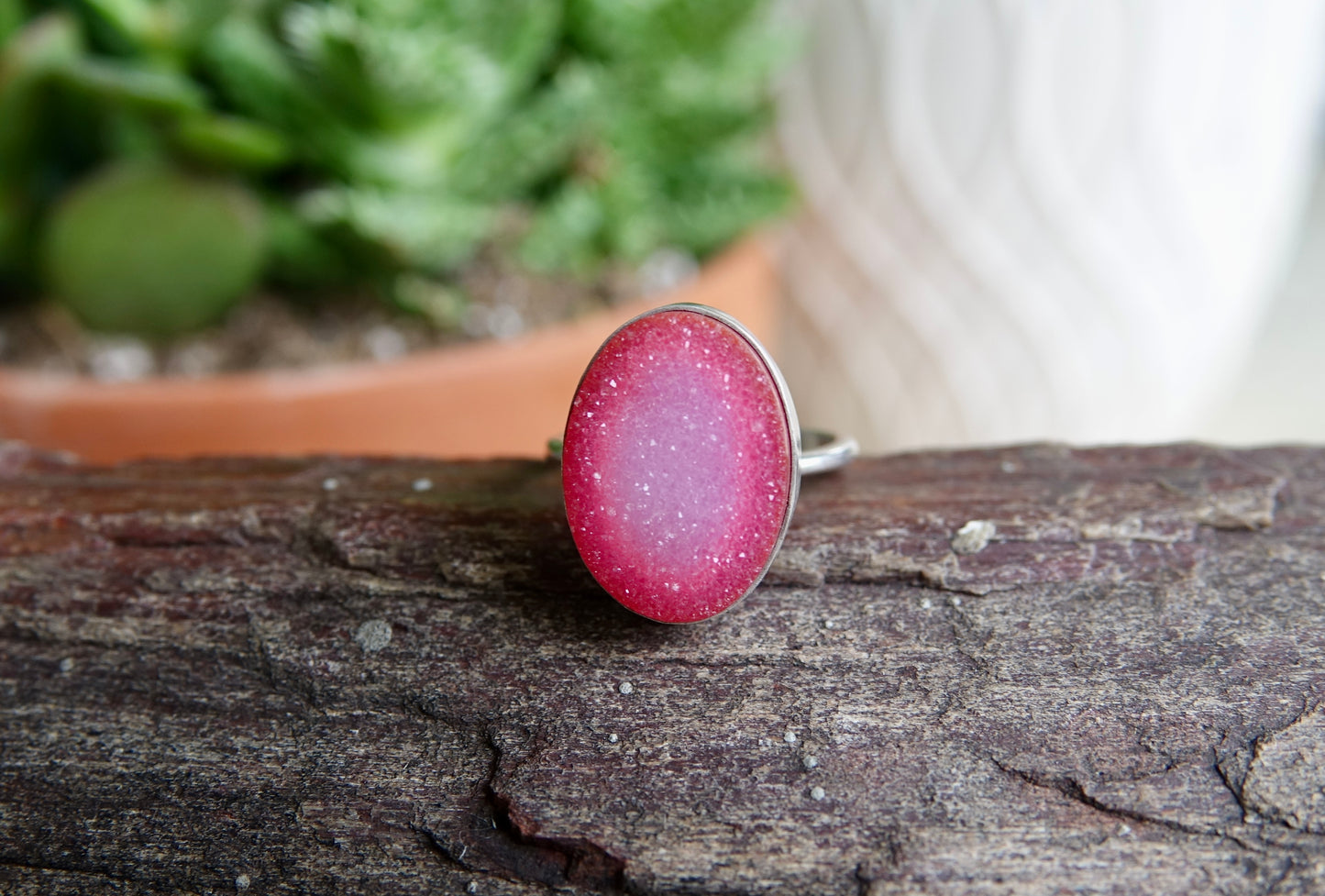 Dark Pink Druzy Ring - Oval - Size 7.75