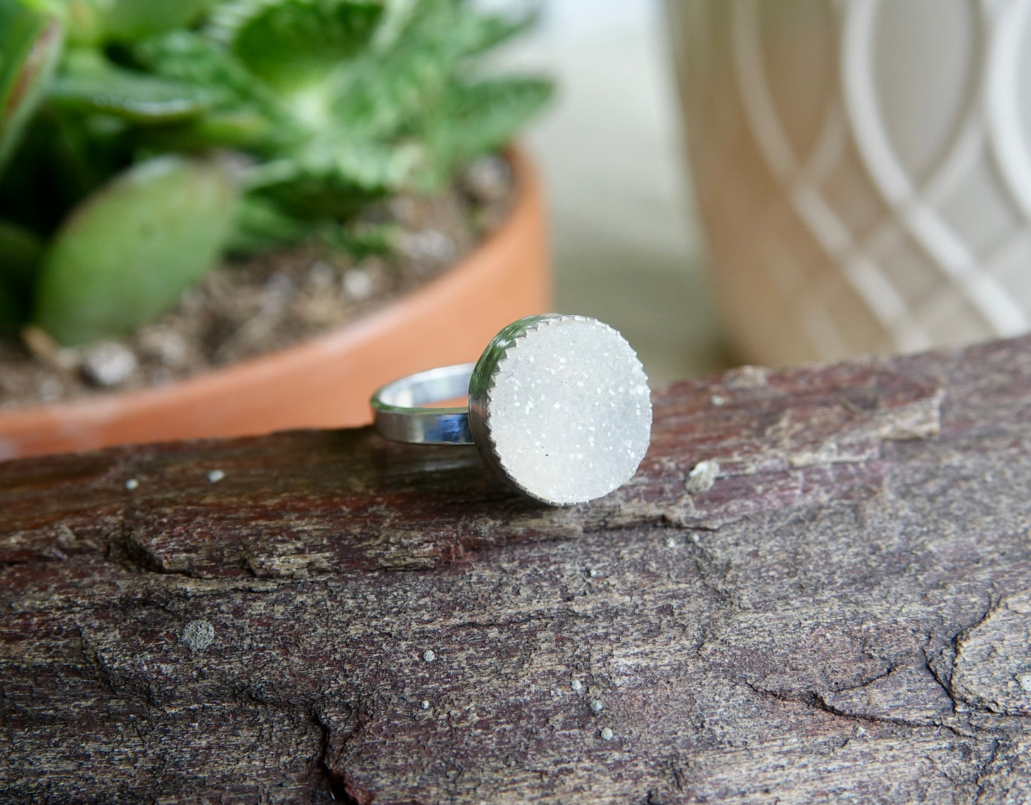 White Druzy Ring - Round - Size 7