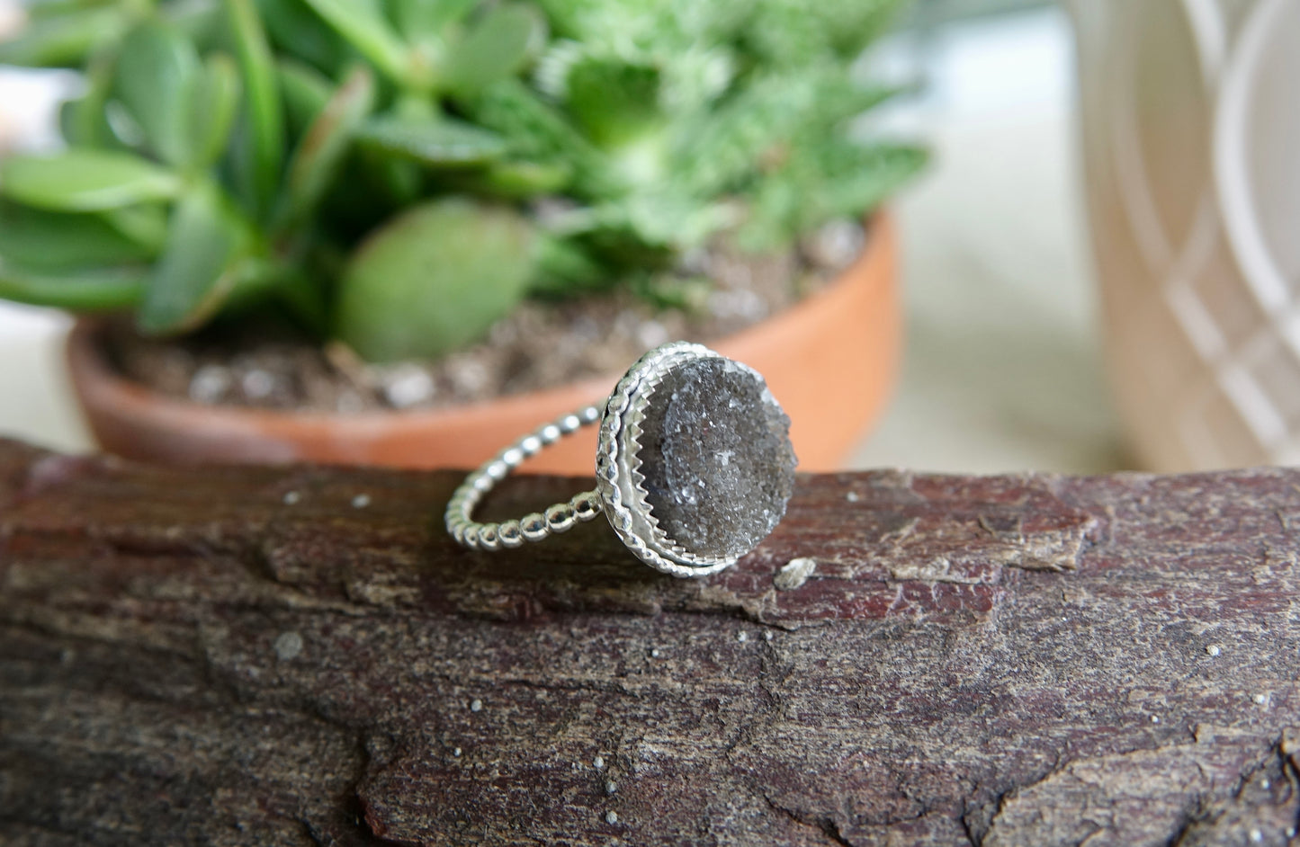 Black Druzy Ring - Round - Size 7.5