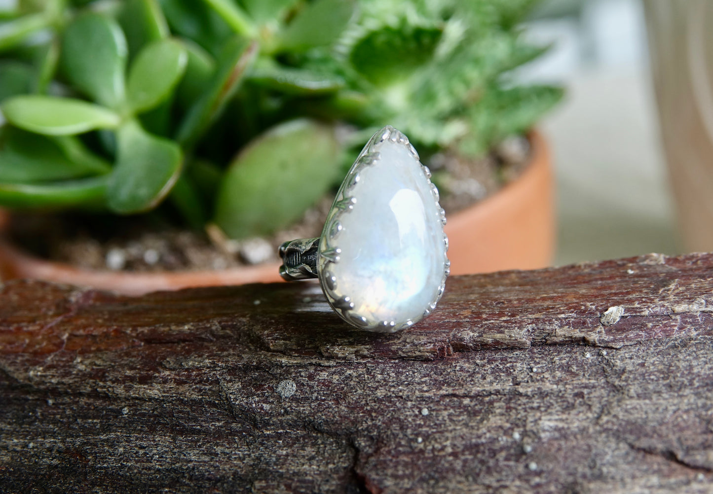 Rainbow Moonstone Ring - Teardrop - Size 6.75