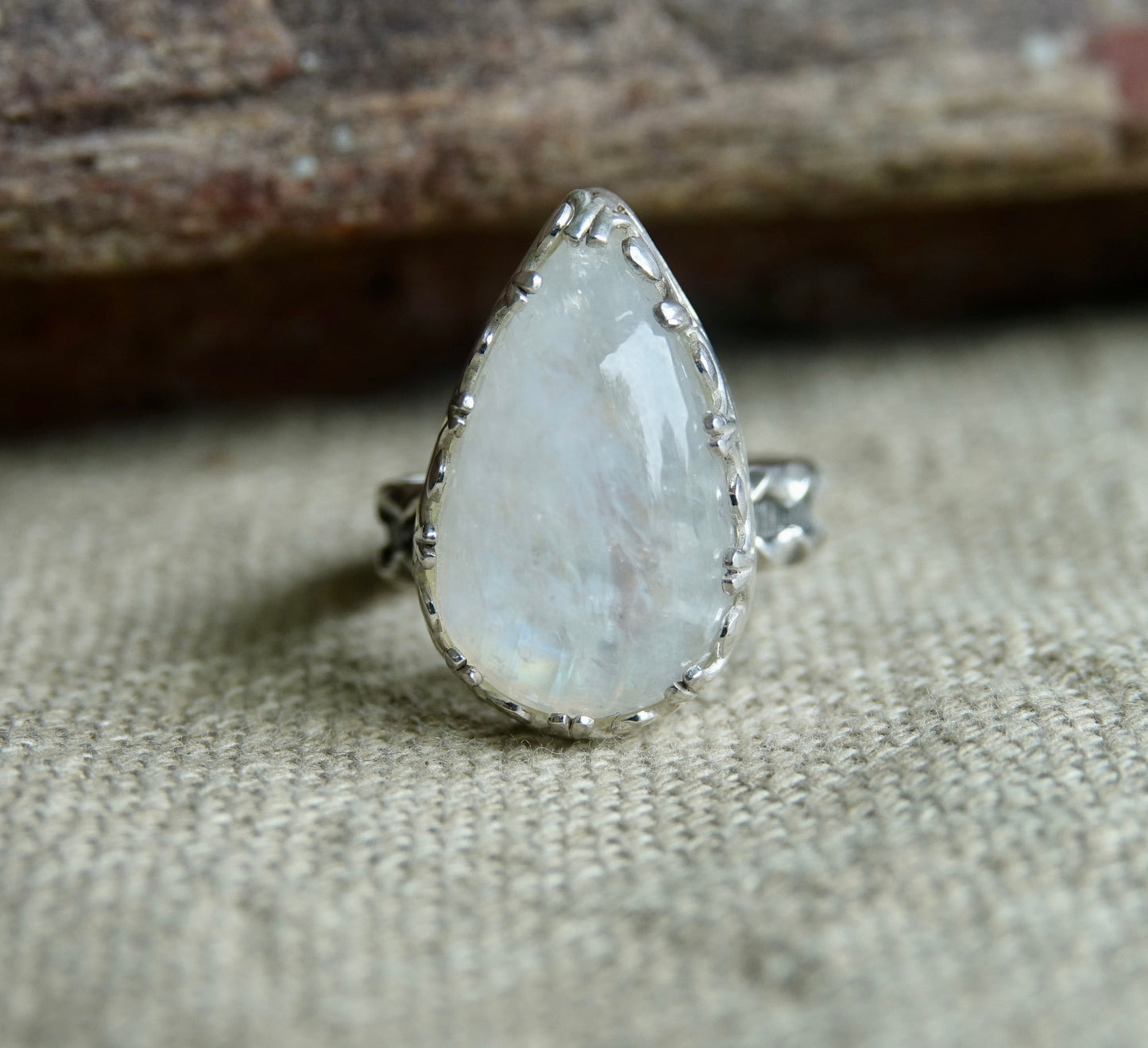Rainbow Moonstone Ring - Teardrop - Size 6.75