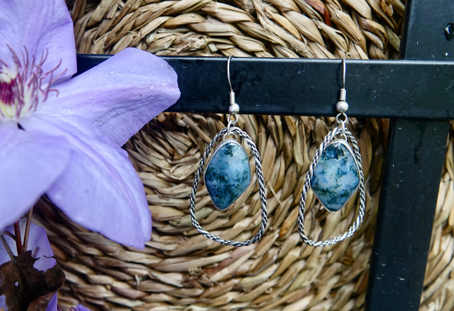 Moss Agate Diamond Shaped Earrings With Hoops
