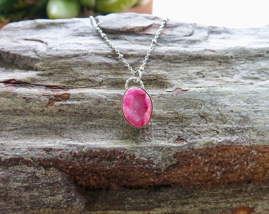 Dark Pink Druzy Necklace - Oval