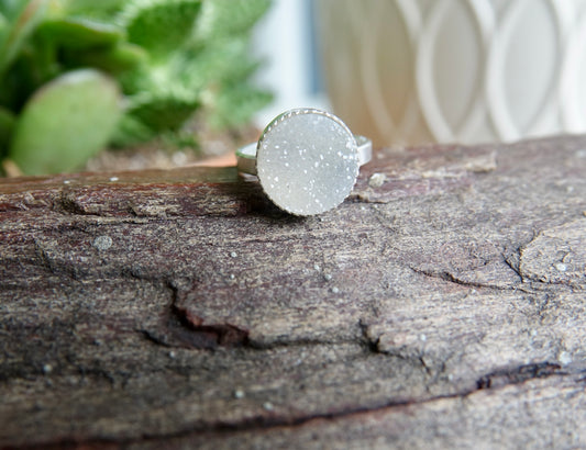 White Druzy Ring - Round - Size 7