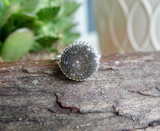 Black Druzy Ring - Round - Size 7.5