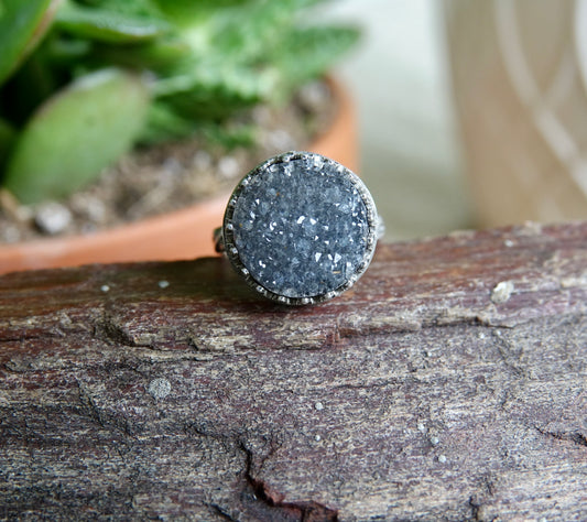Black Druzy Ring - Round - Size 6