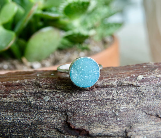 Blue Druzy Ring - Round - Size 6.5
