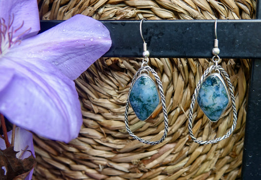 Moss Agate Diamond Shaped Earrings With Hoops